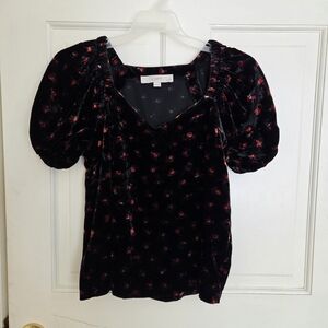 LOFT Black and Red Floral Velvet Top XSP